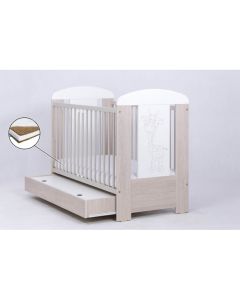 Patut Drewex Giraffe cu sertar - Natur cu Alb + Saltea Cocos 12 cm