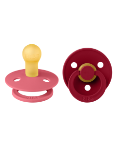BIBS - Set 2 suzete Colour Latex, tetina rotunda, 0 luni +-Coral/Ruby