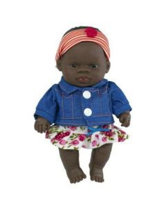 Papusa Bebelus Fetita Africana 21 cm cu set imbracaminte de vara