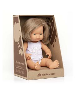 Papusa educativa 38 cm Fetita caucaziana blond inchis