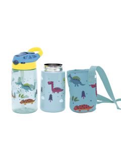 Set 3 in 1 recipient din tritan cu pai 500 ml, termos otel inoxidabil 350 ml, cu capac,maner, husa neopren si bretea transport Olmitos Dino