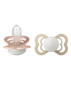 BIBS - Set 2 suzete Supreme Fosforescente GLOW Silicon, tetina simetrica, 6 luni +-Blush/Vanilla