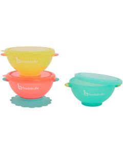 Badabulle - Set 3 boluri colorate pentru mancare, cu suport inclus