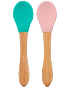 Set 2 Lingurite Minikoioi, Varf din Silicon si Maner din Bambus – Aqua Green/Pinky Pink