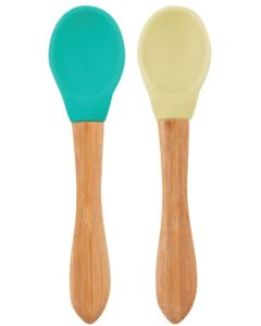 Set 2 Lingurite Minikoioi, Varf din Silicon si Maner din Bambus – Aqua Green/Mellow Yellow