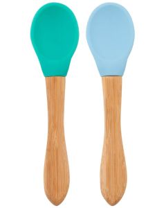 Set 2 Lingurite Minikoioi, Varf din Silicon si Maner din Bambus – Aqua Green/ Mineral Blue