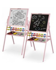 Tabla 2 in 1 pentru copii cu creta sau marker/magnetica, abac, set de creta colorata si markere, burete, cifre si litere magnetice, Ricokids 780002, Roz