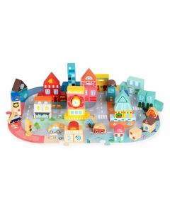 Set educational cu blocuri din lemn si covoras tip puzzle, 88 piese, City Ecotoys MA705