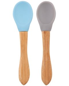 Set 2 Lingurite Minikoioi, Varf din Silicon si Maner din Bambus – Mineral Blue / Powder Grey