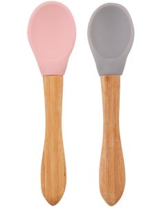 Set 2 Lingurite Minikoioi, Varf din Silicon si Maner din Bambus – Pinky Pink / Powder Grey