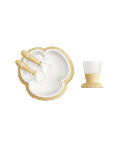 BabyBjorn - Set hranire: farfurie, lingurita, furculita si pahar pentru bebe, Powder Yellow